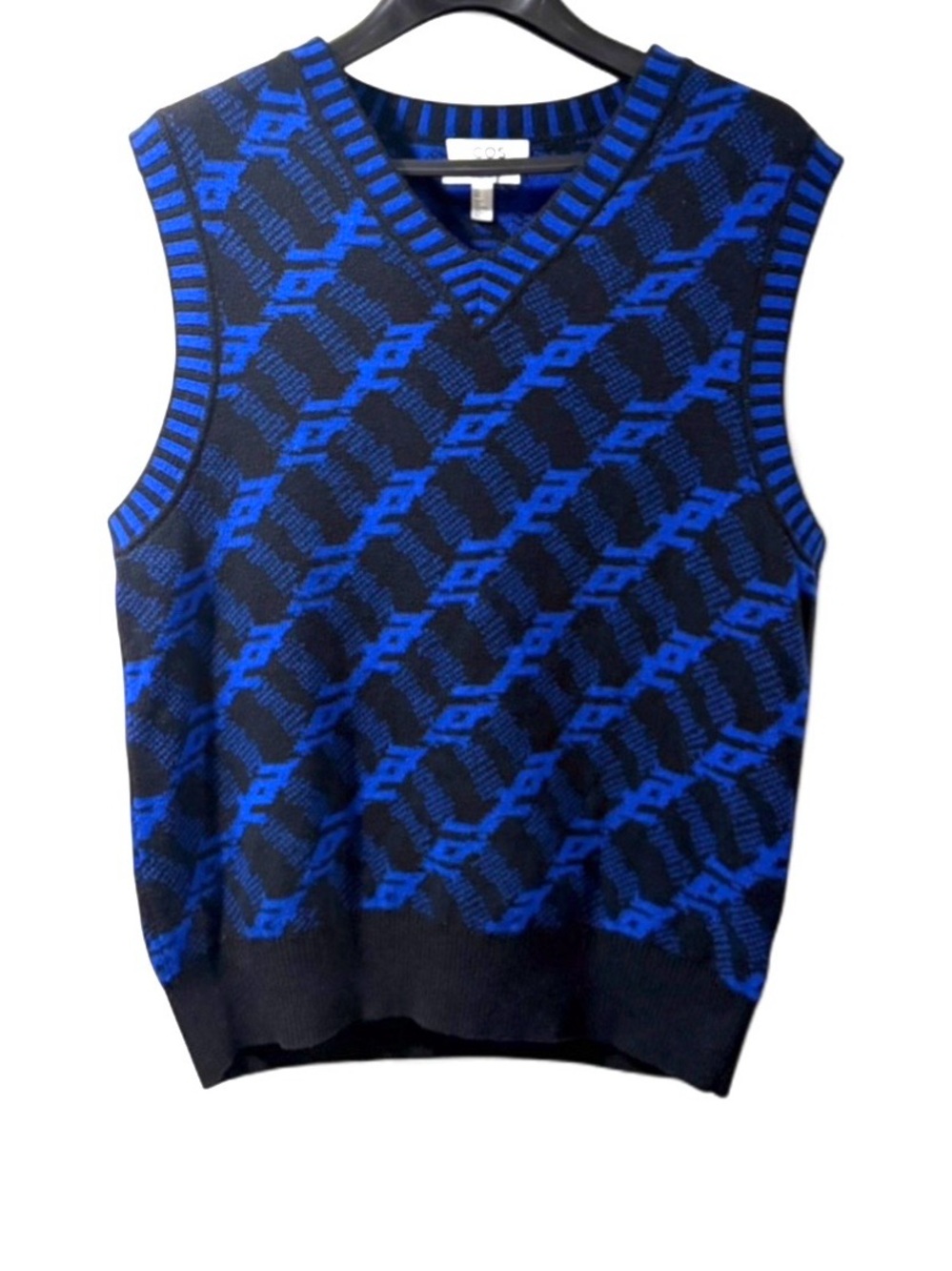 COS Blue/Black Wool Blend Patterned V-Neck Sweater Vest Size Men’s Large